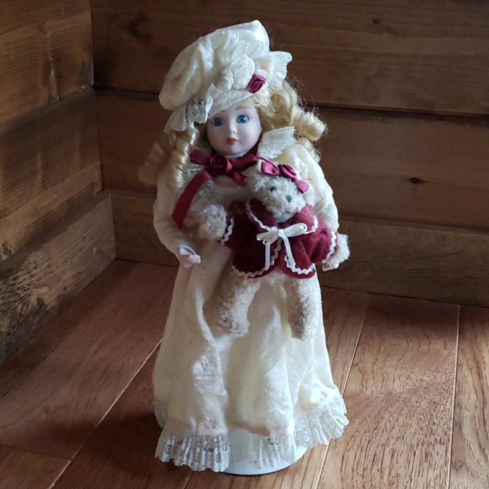 Porcelain Doll w/Teddy Bear